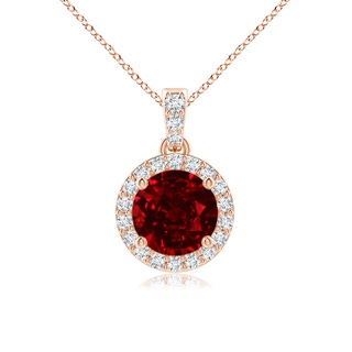 6mm AAAA Round Ruby Dangle Pendant with Diamond Halo in Rose Gold