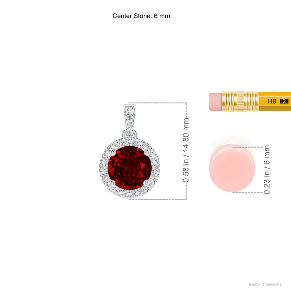 6mm AAAA Round Ruby Dangle Pendant with Diamond Halo in White Gold ruler