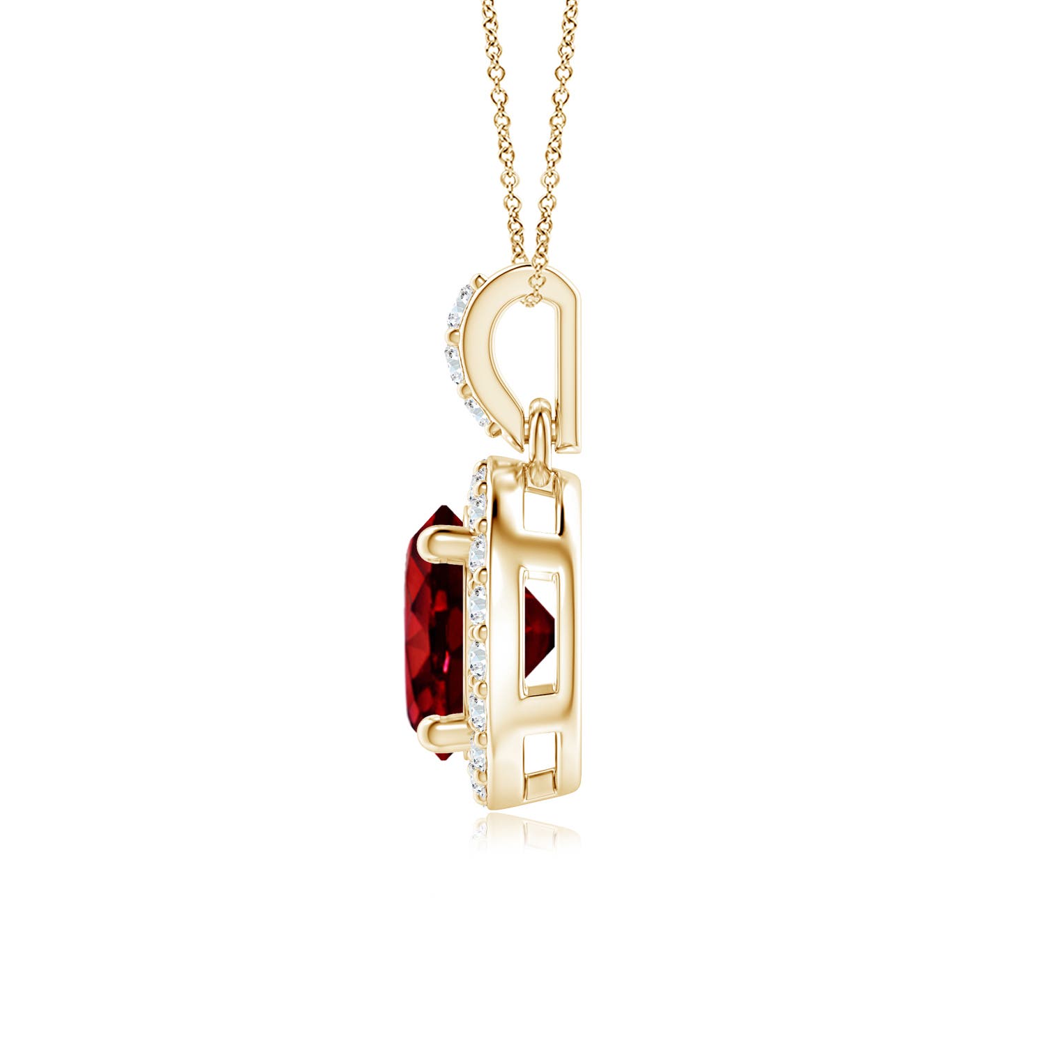 6mm AAAA Round Ruby Dangle Pendant with Diamond Halo in Yellow Gold