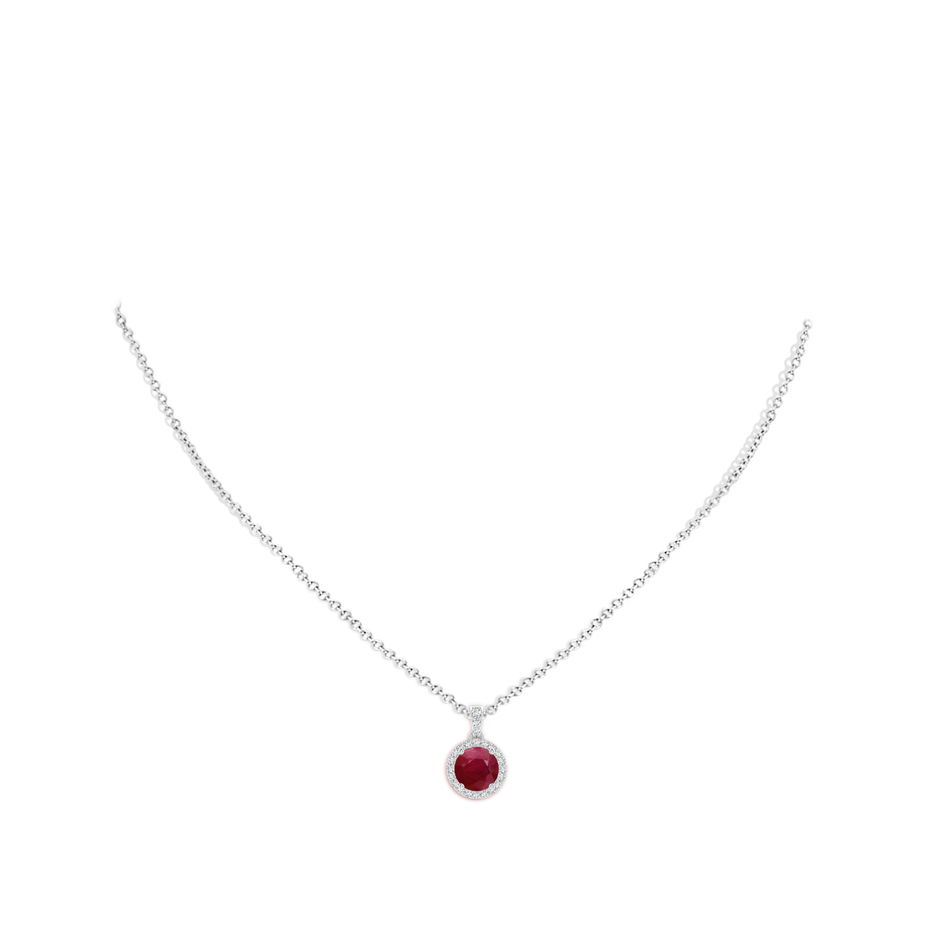 7mm A Round Ruby Dangle Pendant with Diamond Halo in White Gold pen