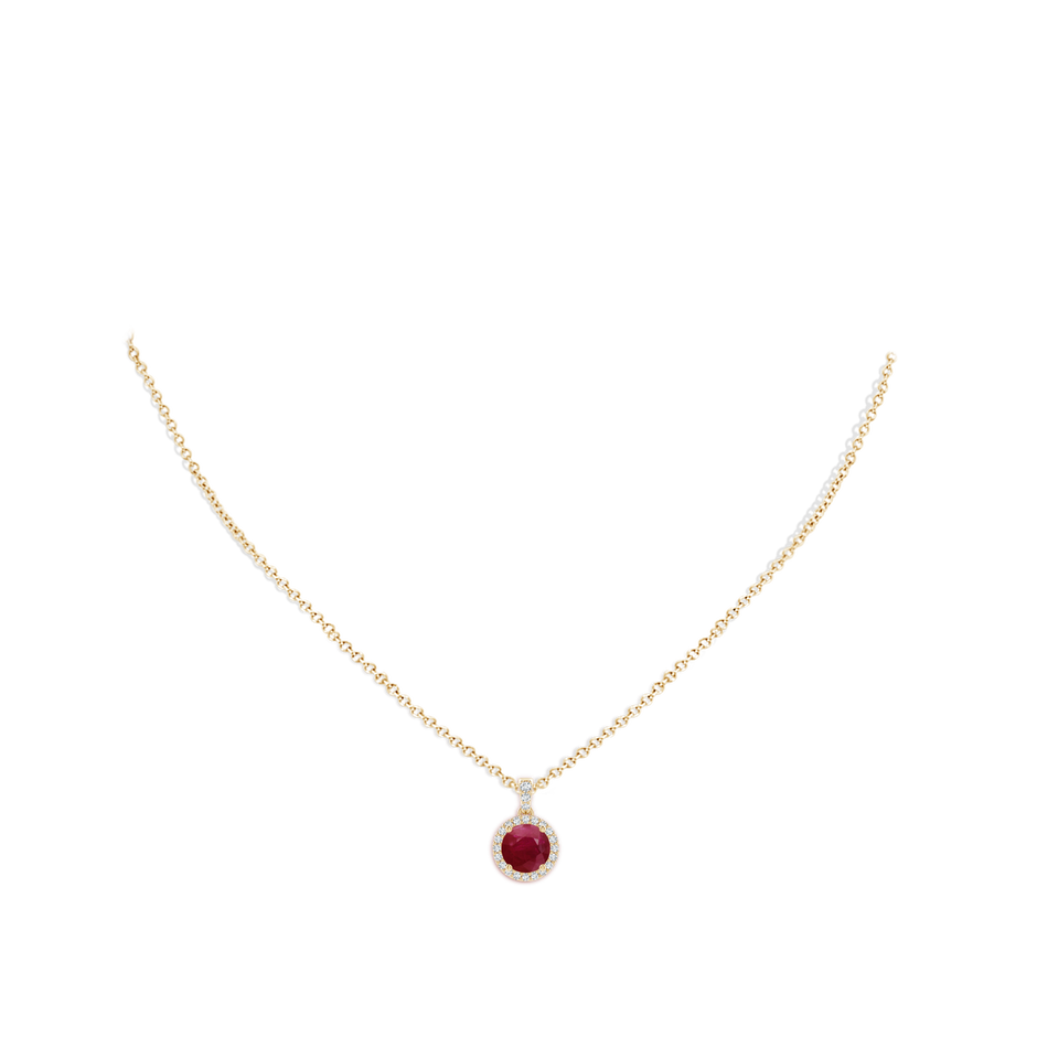 7mm A Round Ruby Dangle Pendant with Diamond Halo in Yellow Gold pen