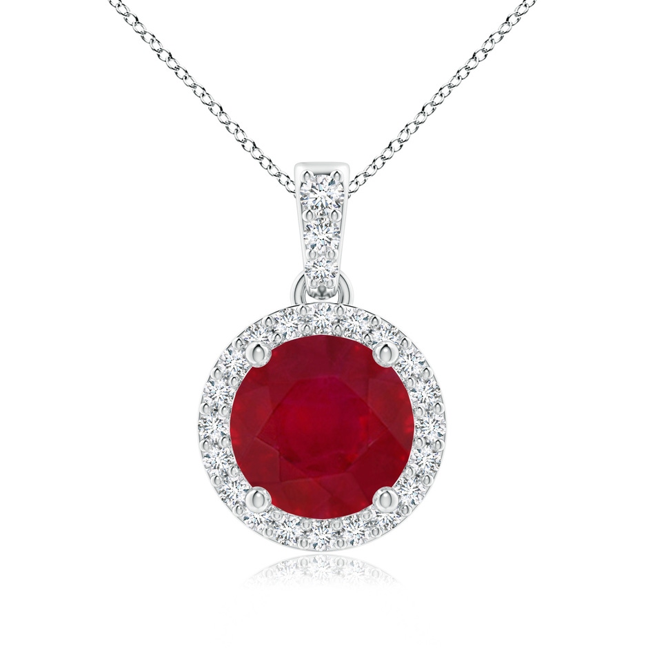 7mm AA Round Ruby Dangle Pendant with Diamond Halo in White Gold 