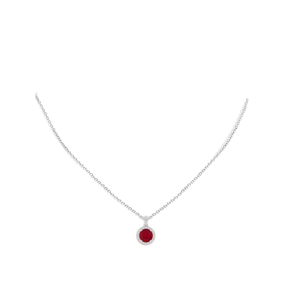 7mm AA Round Ruby Dangle Pendant with Diamond Halo in White Gold pen