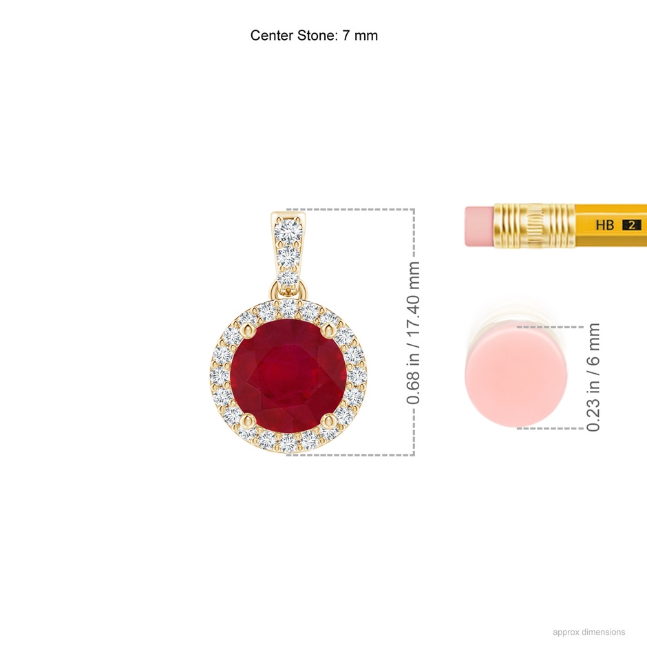 7mm AA Round Ruby Dangle Pendant with Diamond Halo in Yellow Gold ruler