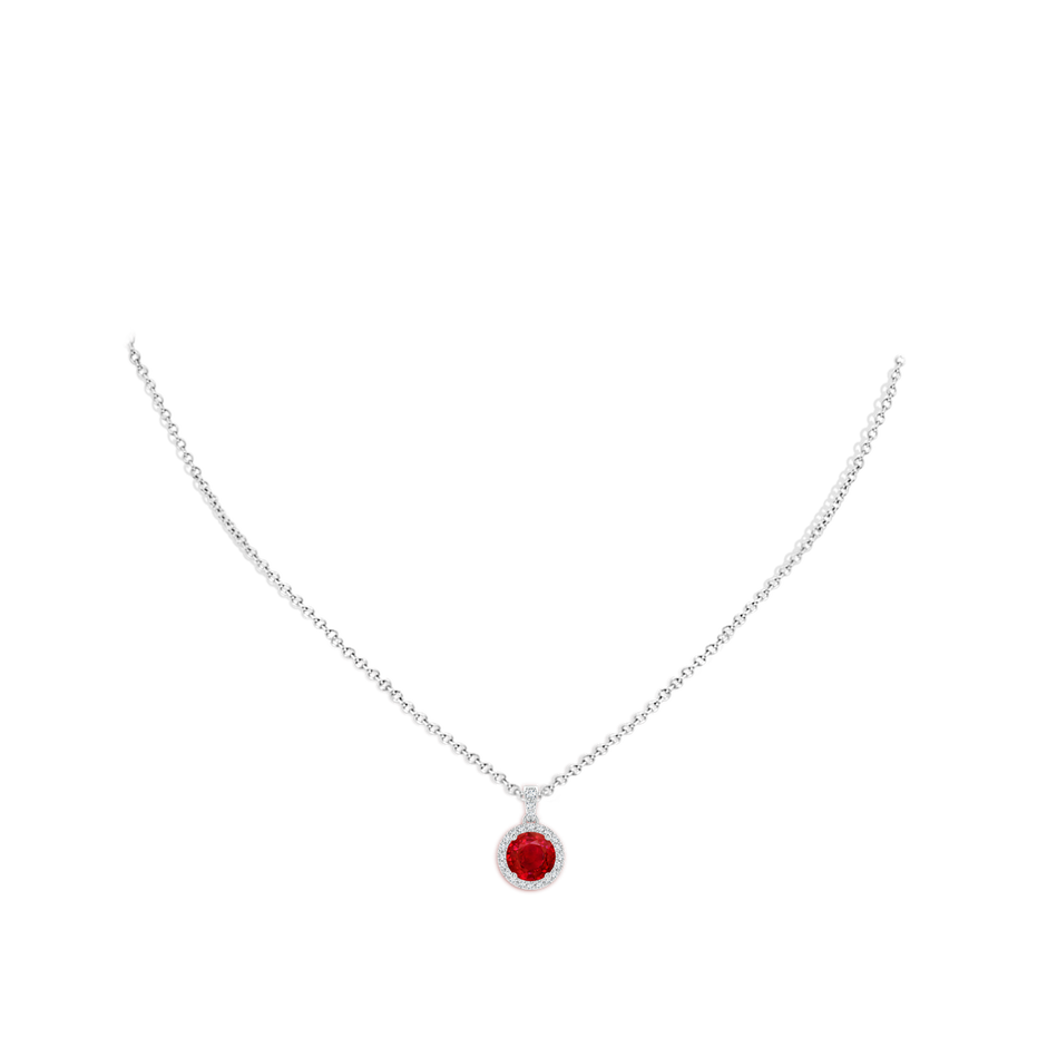 7mm AAA Round Ruby Dangle Pendant with Diamond Halo in P950 Platinum pen