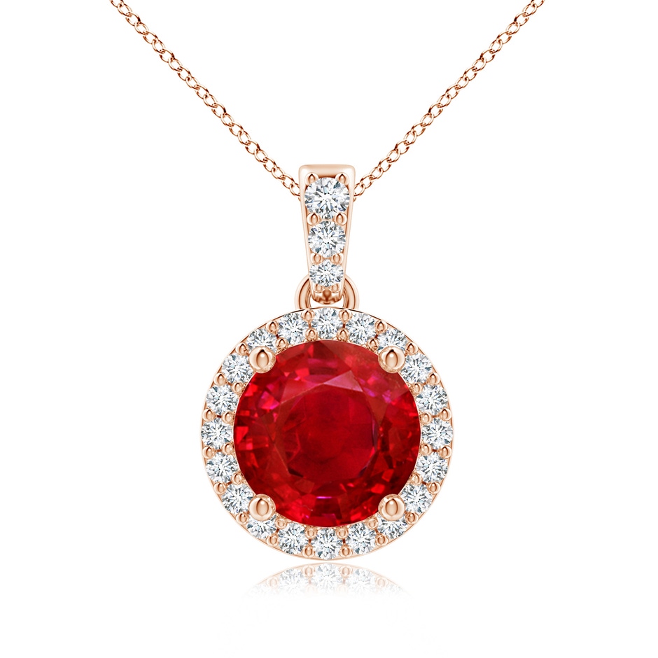 7mm AAA Round Ruby Dangle Pendant with Diamond Halo in Rose Gold 