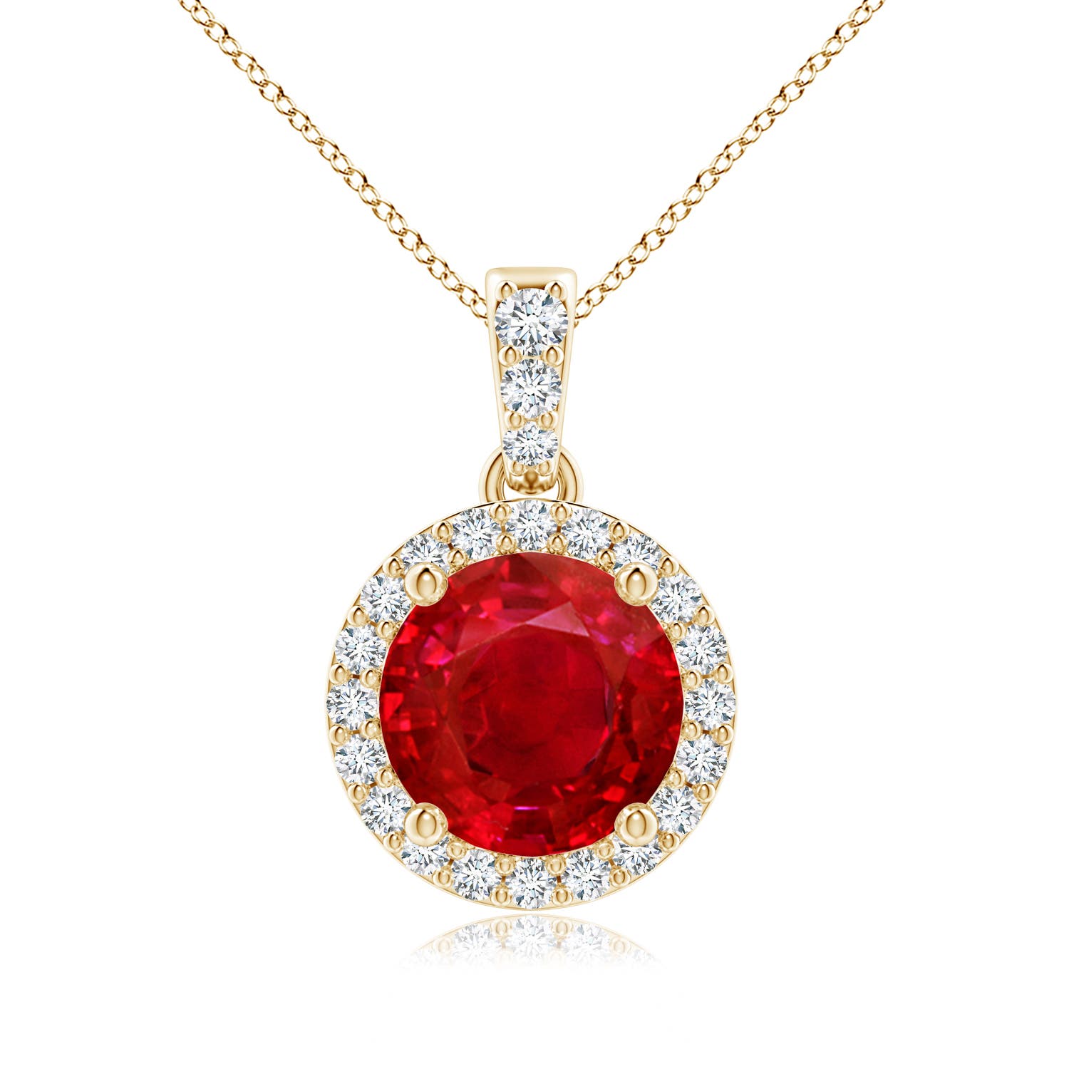 7mm AAA Round Ruby Dangle Pendant with Diamond Halo in Yellow Gold