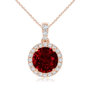 7mm AAAA Round Ruby Dangle Pendant with Diamond Halo in 9K Rose Gold