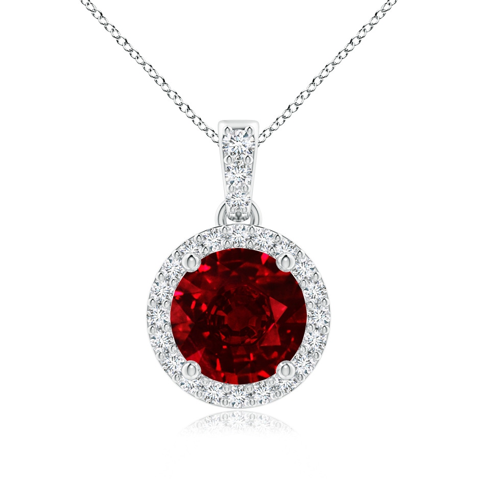 7mm AAAA Round Ruby Dangle Pendant with Diamond Halo in P950 Platinum 