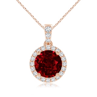 7mm AAAA Round Ruby Dangle Pendant with Diamond Halo in Rose Gold