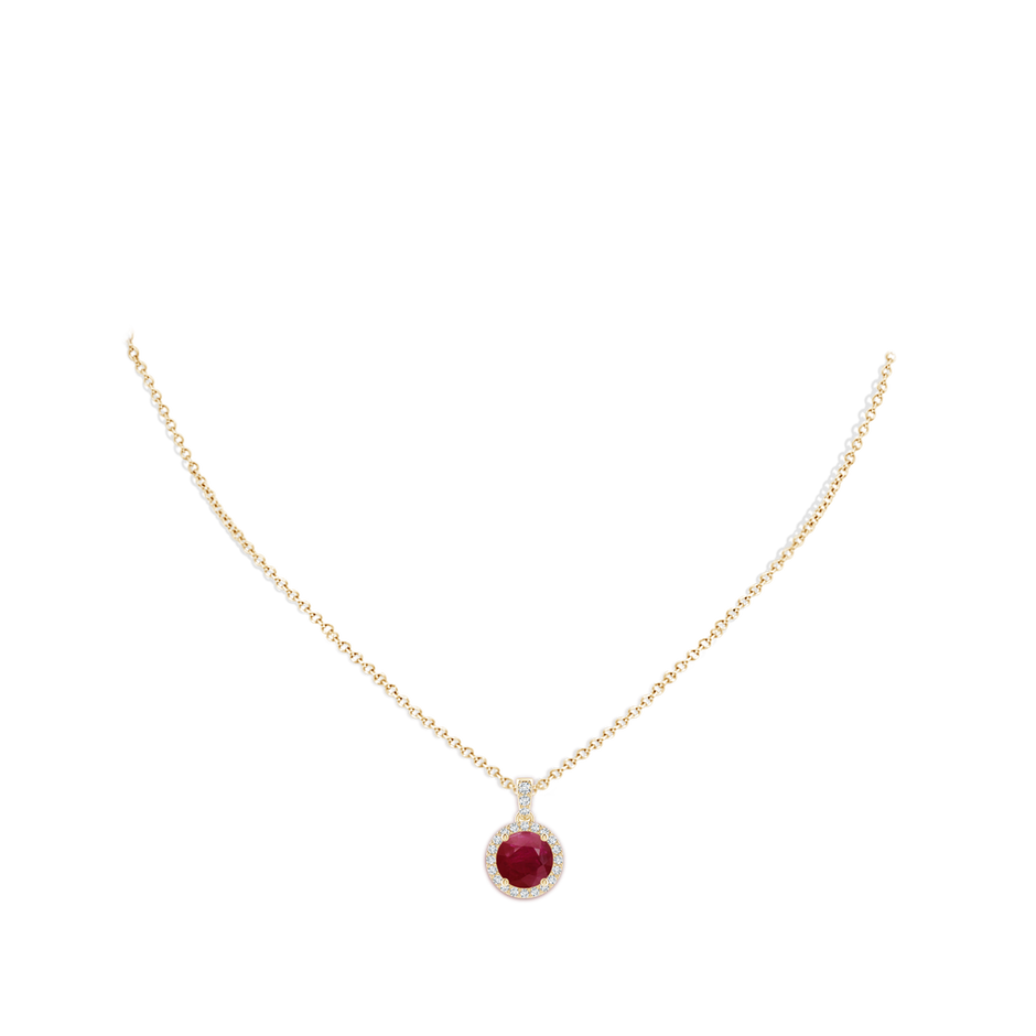 8mm A Round Ruby Dangle Pendant with Diamond Halo in 18K Yellow Gold pen