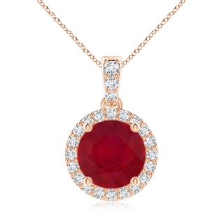 8mm AA Round Ruby Dangle Pendant with Diamond Halo in Rose Gold