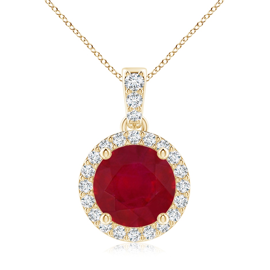 8mm AA Round Ruby Dangle Pendant with Diamond Halo in Yellow Gold 