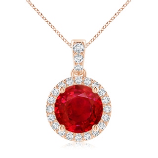 8mm AAA Round Ruby Dangle Pendant with Diamond Halo in Rose Gold