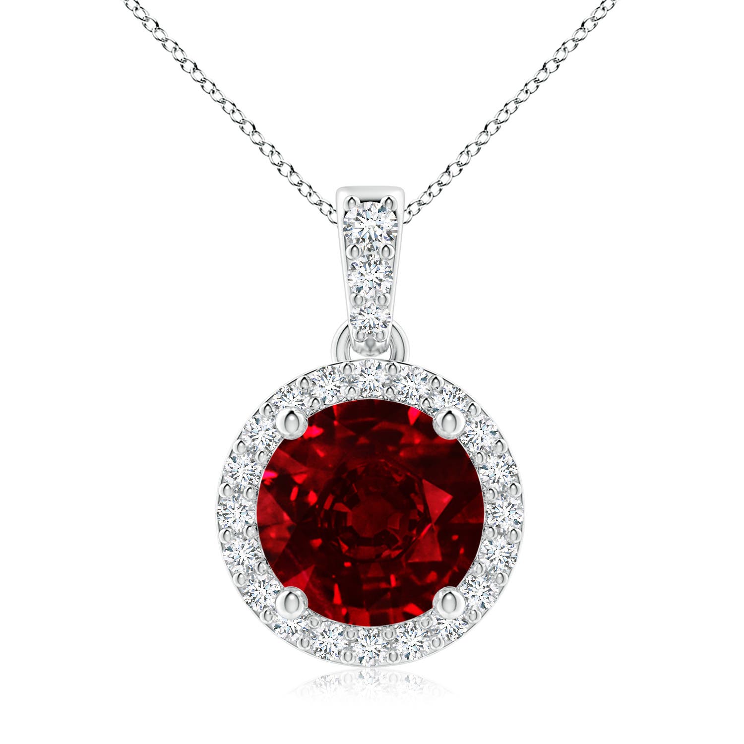 8mm AAAA Round Ruby Dangle Pendant with Diamond Halo in White Gold