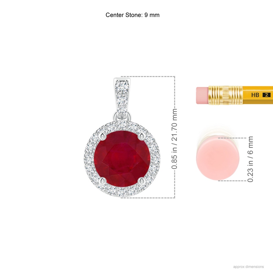 9mm AA Round Ruby Dangle Pendant with Diamond Halo in P950 Platinum ruler