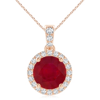 9mm AA Round Ruby Dangle Pendant with Diamond Halo in Rose Gold