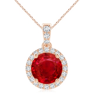 9mm AAA Round Ruby Dangle Pendant with Diamond Halo in 18K Rose Gold