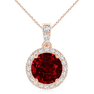 9mm AAAA Round Ruby Dangle Pendant with Diamond Halo in Rose Gold