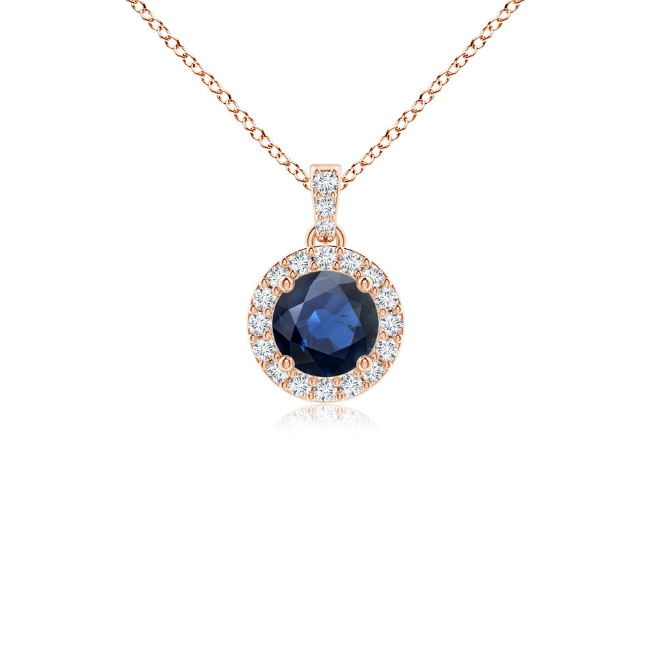 4mm AA Round Sapphire Dangle Pendant with Diamond Halo in Rose Gold 