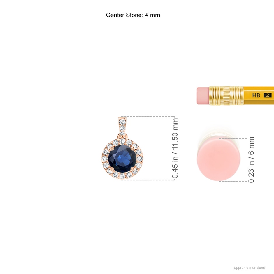 4mm AA Round Sapphire Dangle Pendant with Diamond Halo in Rose Gold ruler