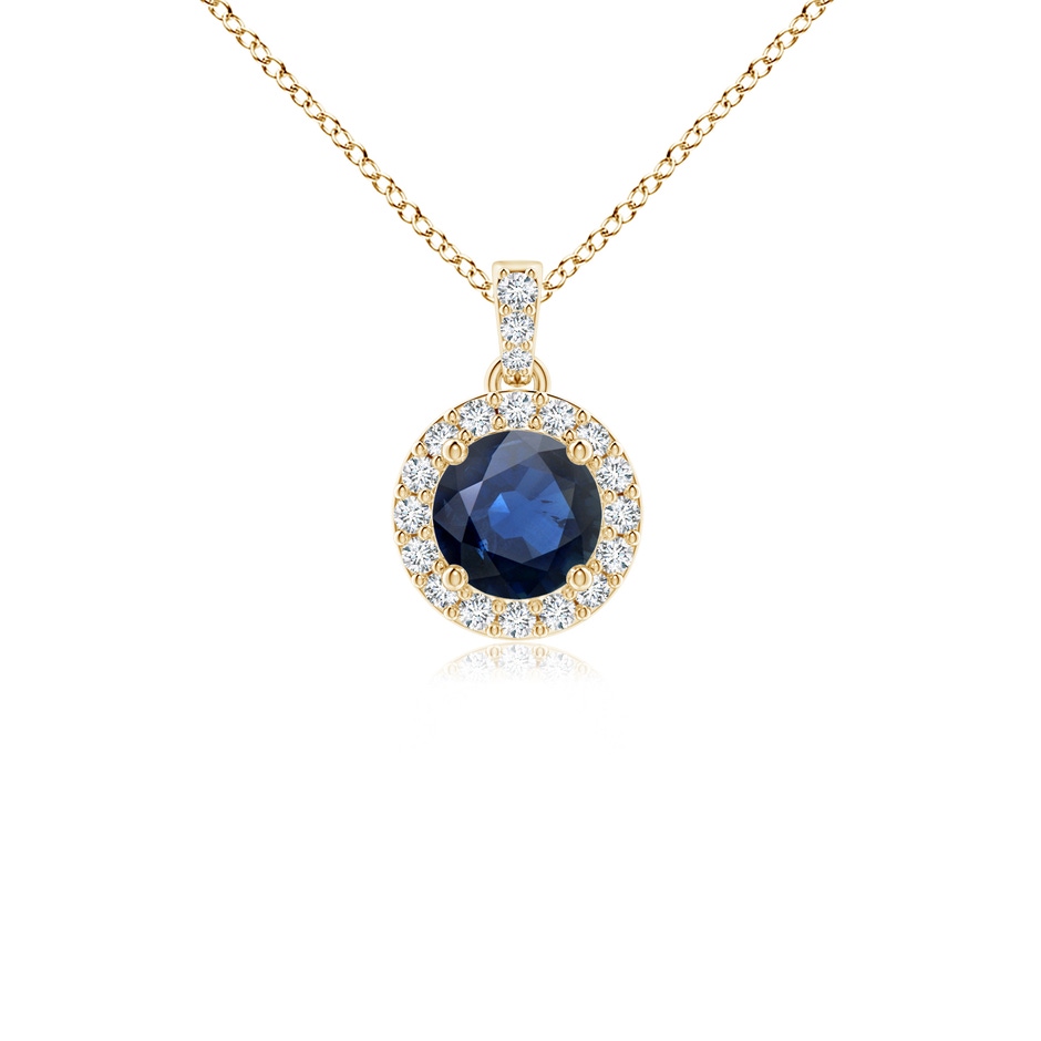 4mm AA Round Sapphire Dangle Pendant with Diamond Halo in Yellow Gold 