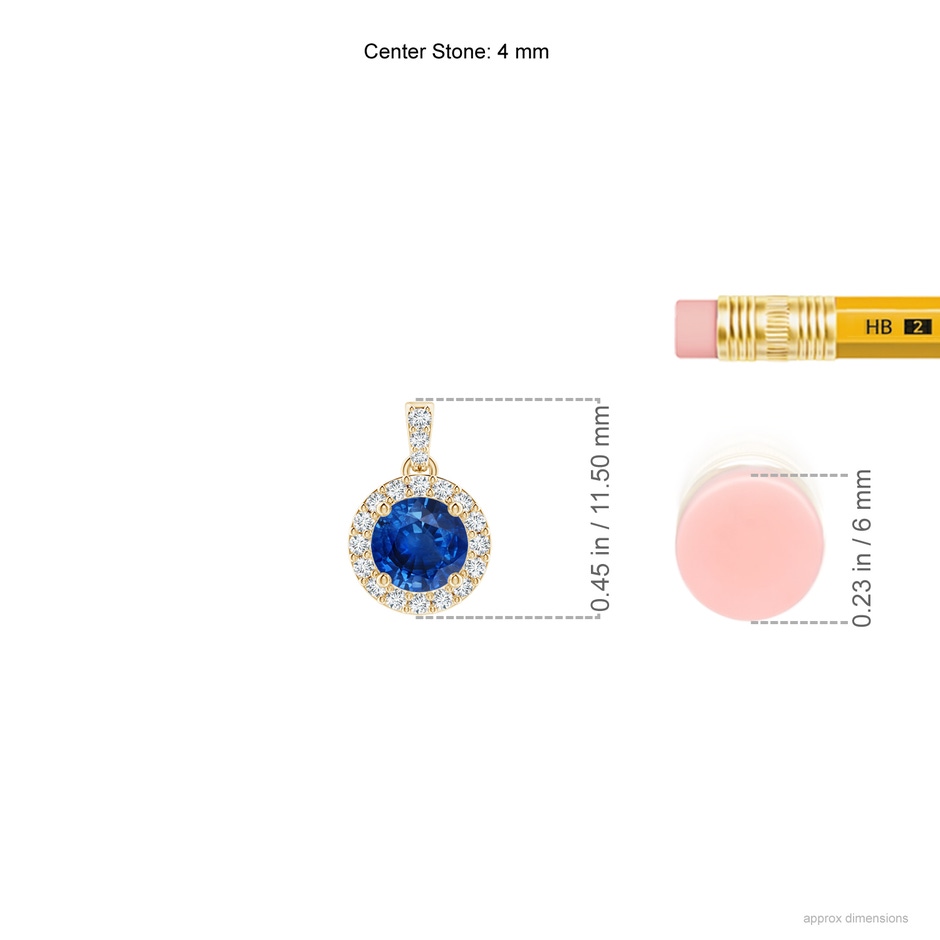 4mm AAA Round Sapphire Dangle Pendant with Diamond Halo in 9K Yellow Gold ruler