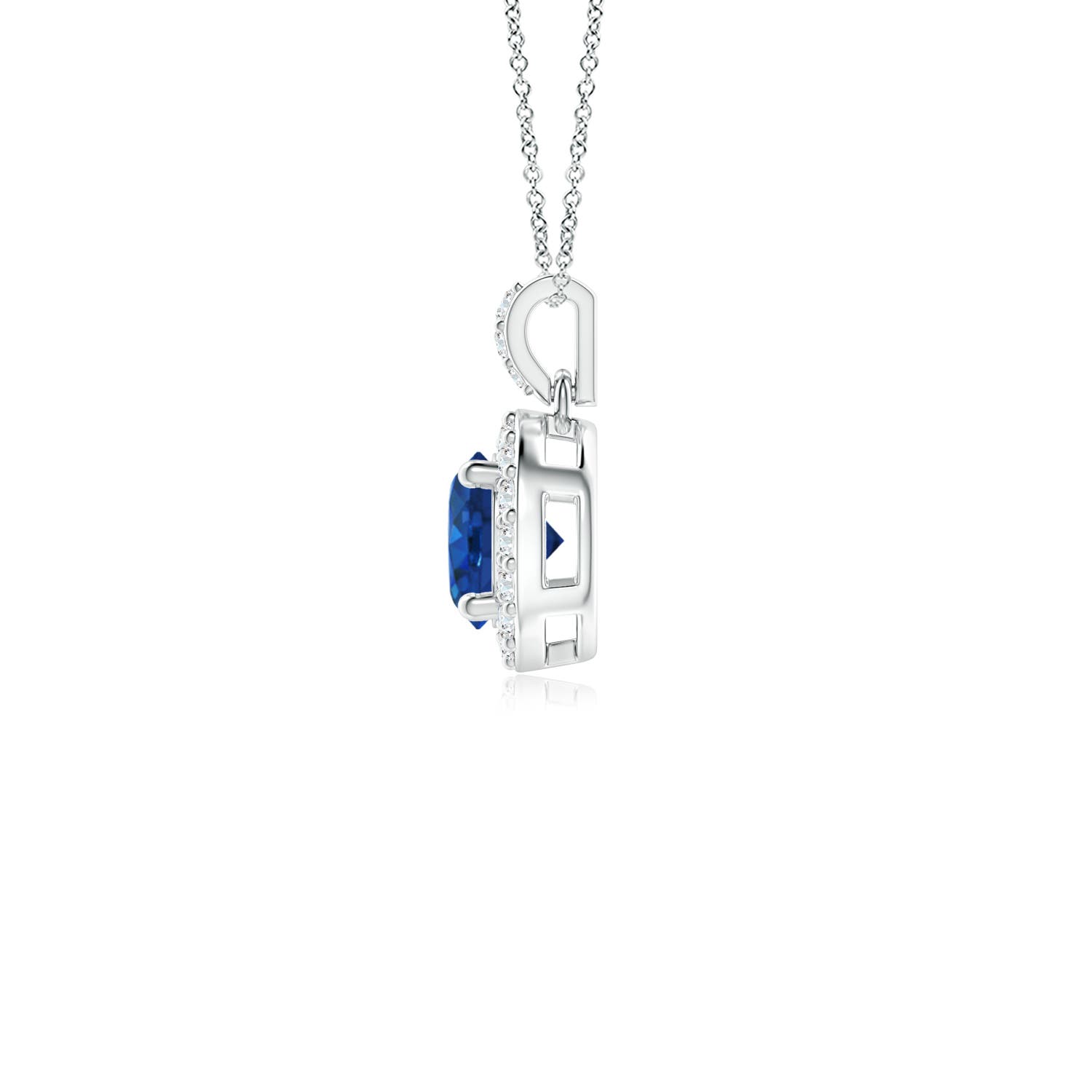 4mm AAA Round Sapphire Dangle Pendant with Diamond Halo in White Gold