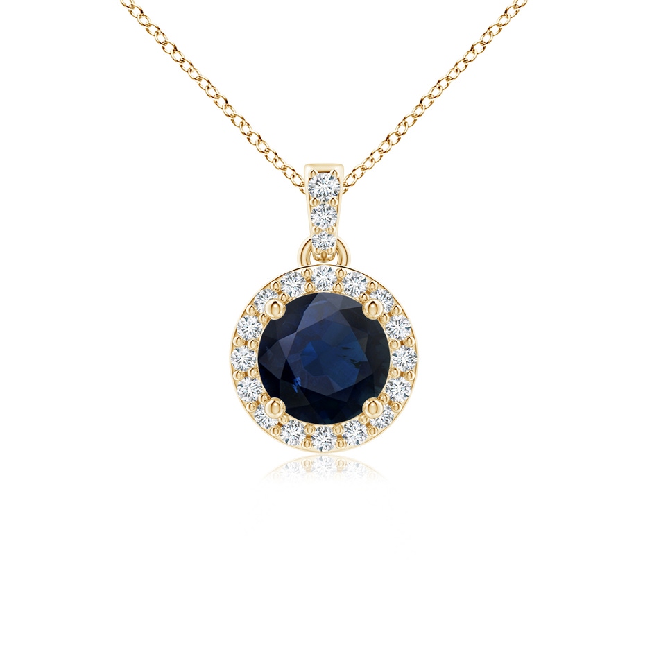 5mm A Round Sapphire Dangle Pendant with Diamond Halo in Yellow Gold 