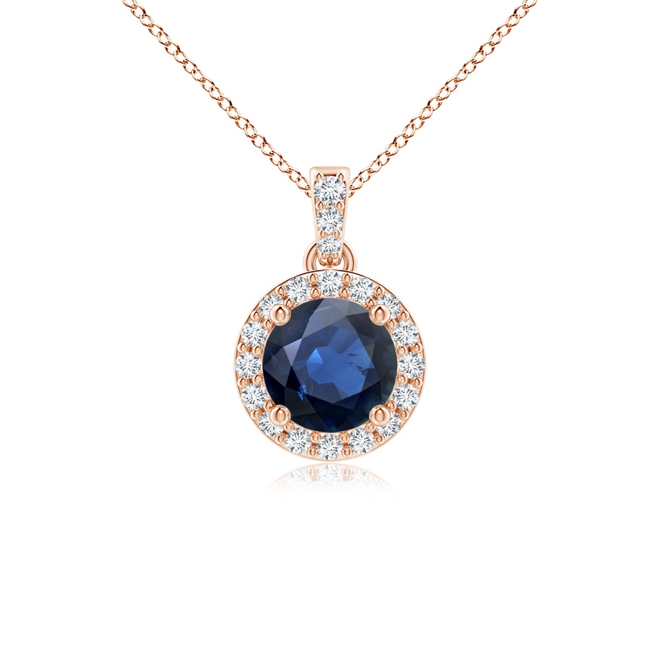5mm AA Round Sapphire Dangle Pendant with Diamond Halo in Rose Gold 