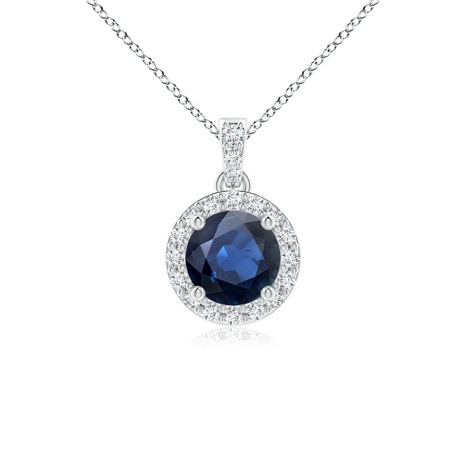 5mm AA Round Sapphire Dangle Pendant with Diamond Halo in White Gold 