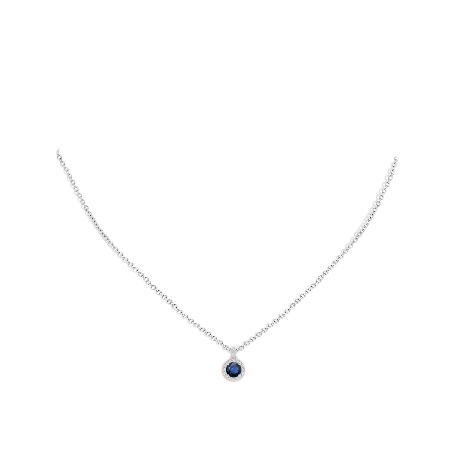 5mm AA Round Sapphire Dangle Pendant with Diamond Halo in White Gold pen