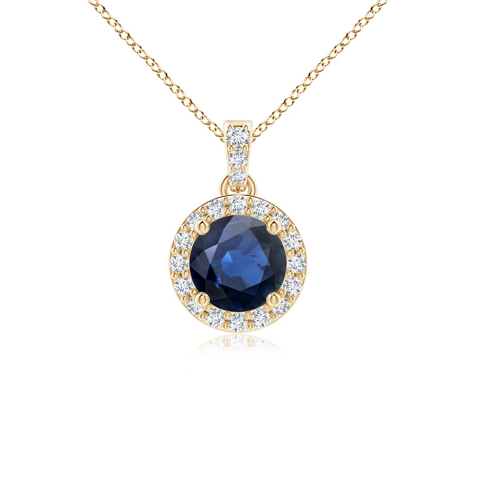 5mm AA Round Sapphire Dangle Pendant with Diamond Halo in Yellow Gold 