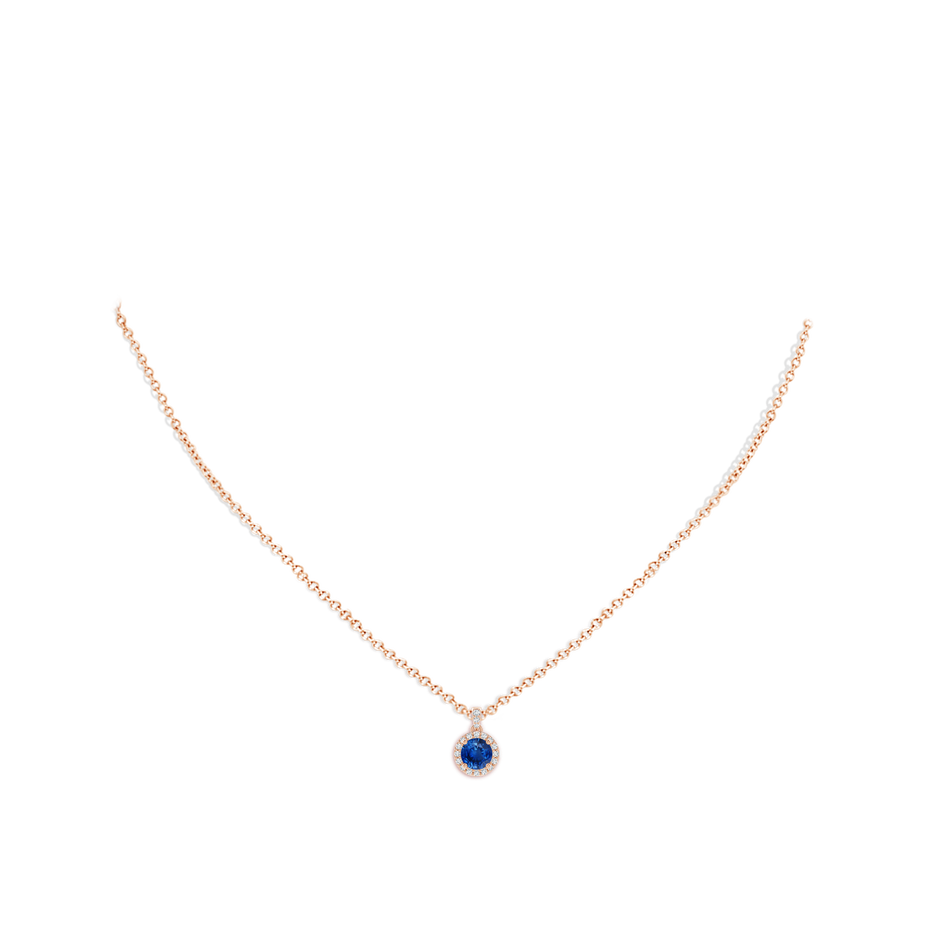 5mm AAA Round Sapphire Dangle Pendant with Diamond Halo in Rose Gold pen