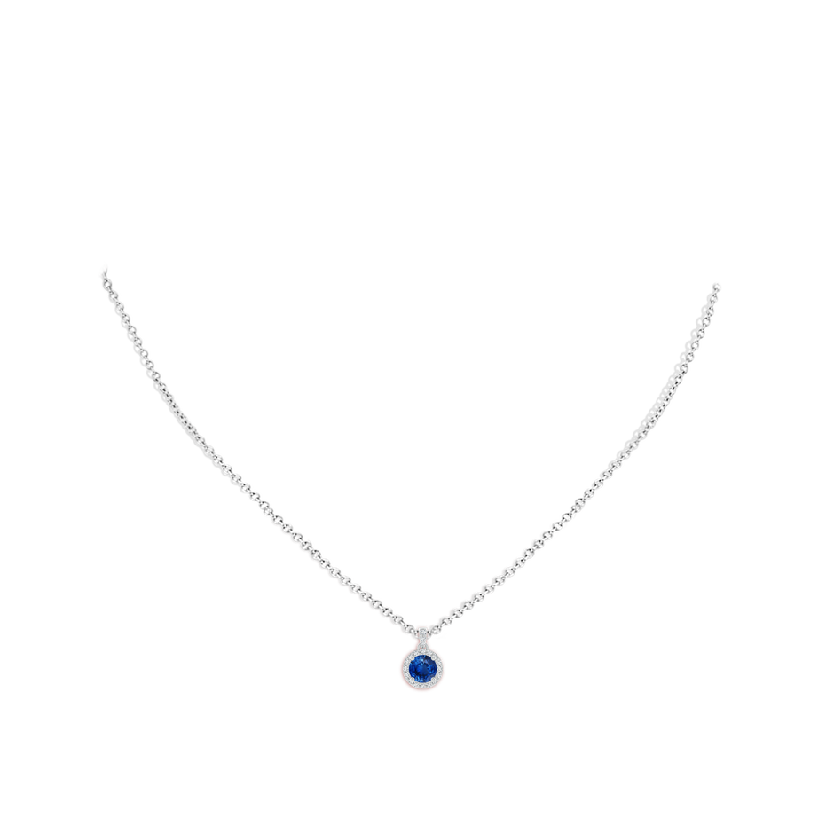 5mm AAA Round Sapphire Dangle Pendant with Diamond Halo in White Gold pen