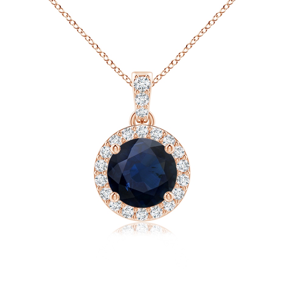 6mm A Round Sapphire Dangle Pendant with Diamond Halo in Rose Gold 