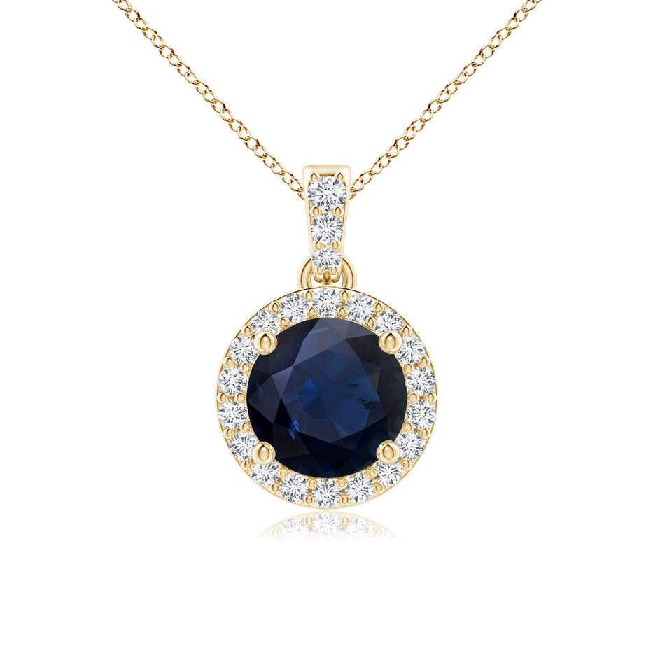 6mm A Round Sapphire Dangle Pendant with Diamond Halo in Yellow Gold 