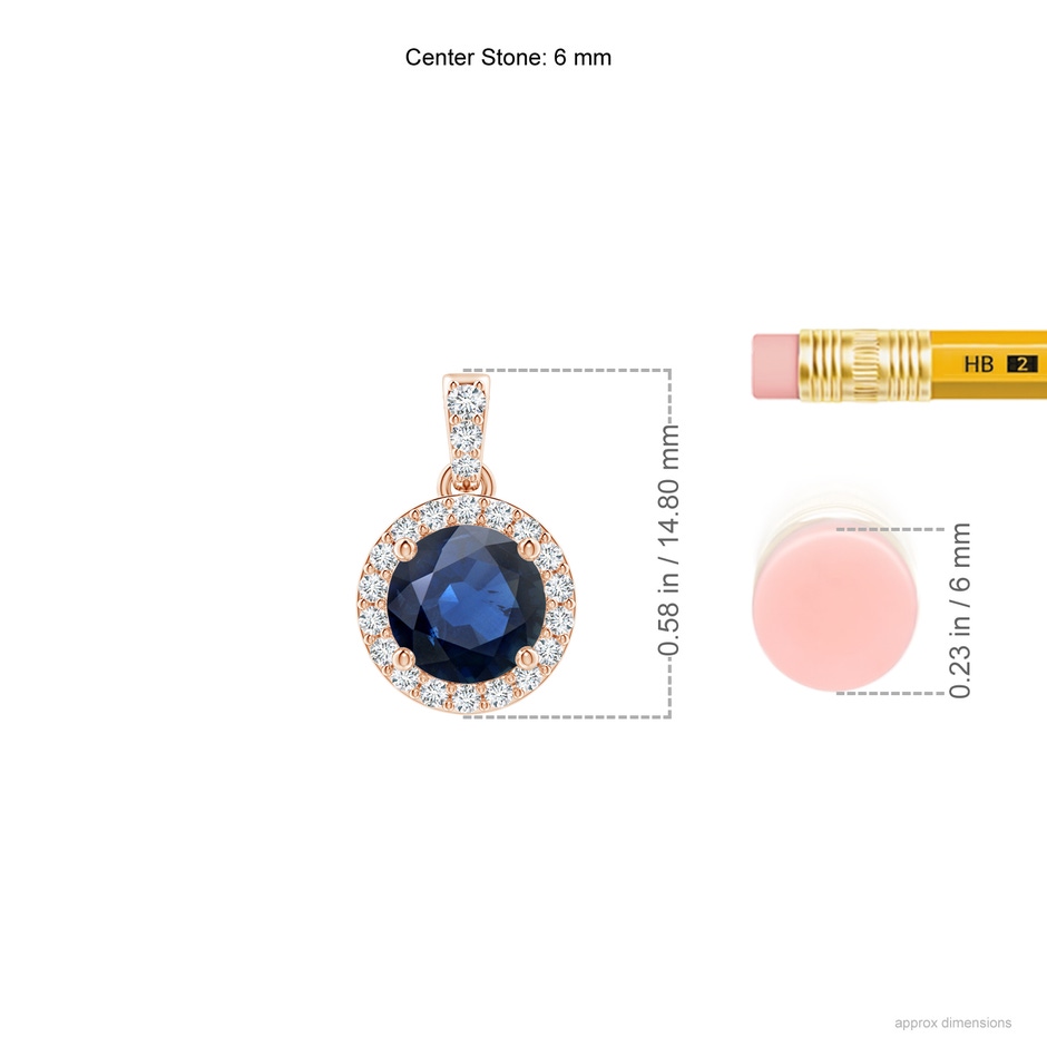 6mm AA Round Sapphire Dangle Pendant with Diamond Halo in Rose Gold ruler