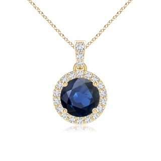 6mm AA Round Sapphire Dangle Pendant with Diamond Halo in Yellow Gold