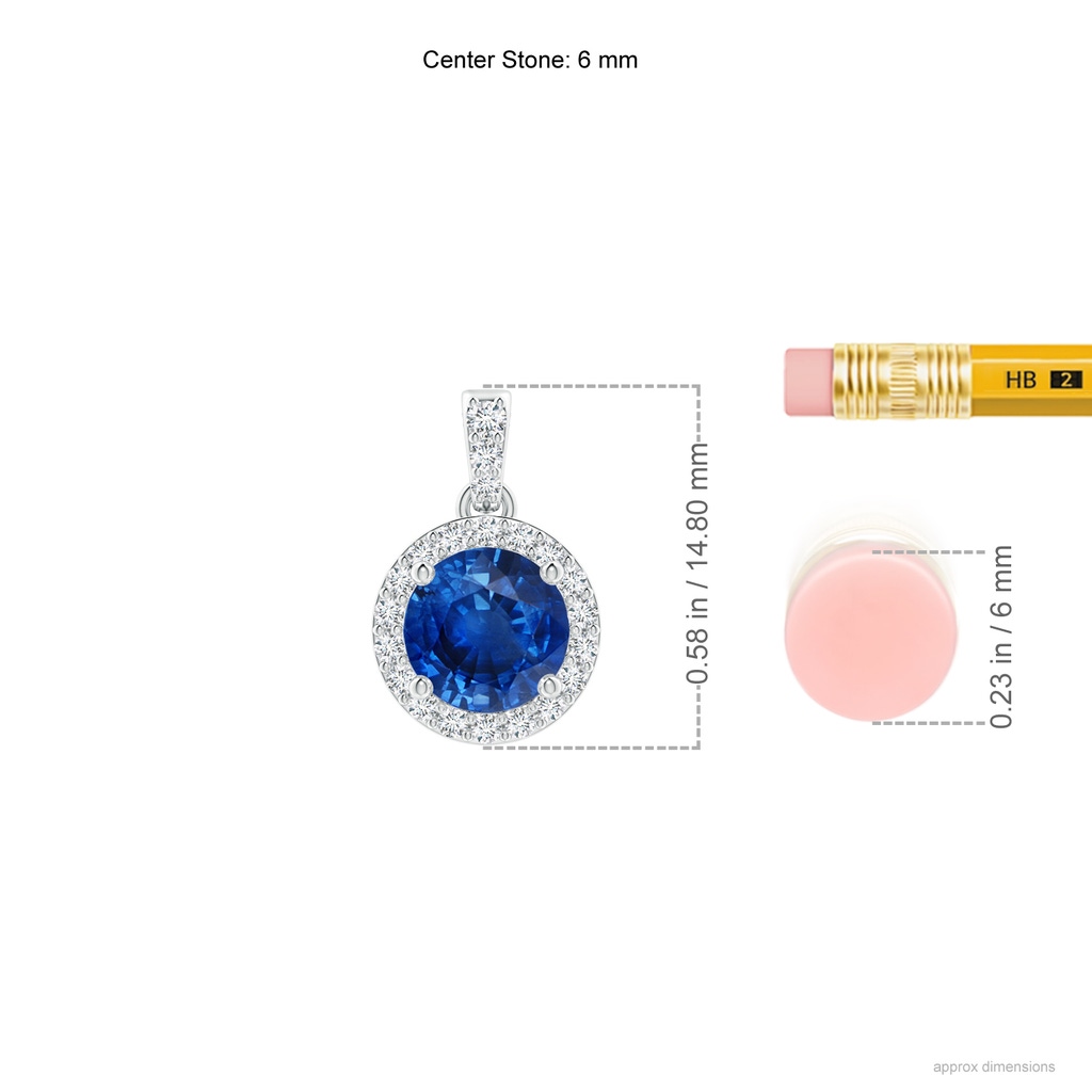 6mm AAA Round Sapphire Dangle Pendant with Diamond Halo in P950 Platinum ruler