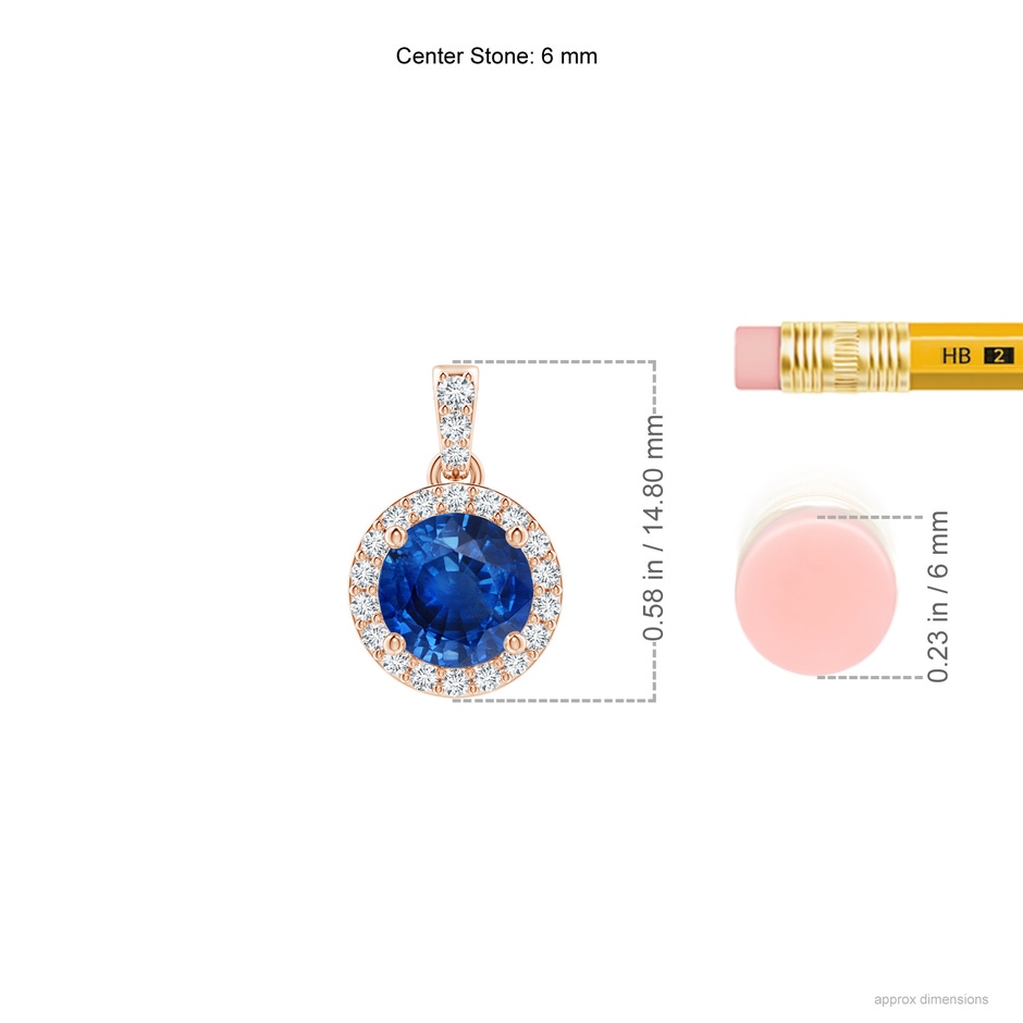 6mm AAA Round Sapphire Dangle Pendant with Diamond Halo in Rose Gold ruler