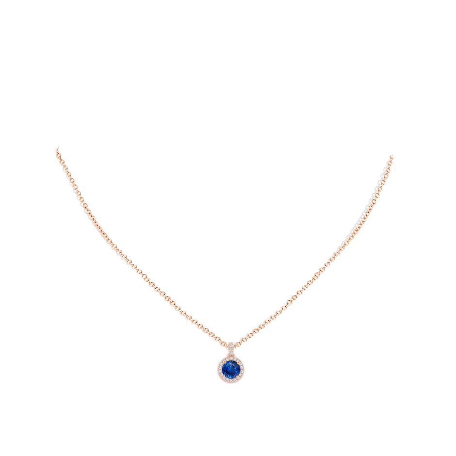 6mm AAA Round Sapphire Dangle Pendant with Diamond Halo in Rose Gold pen