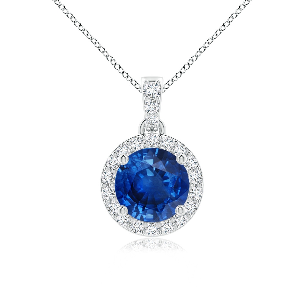 6mm AAA Round Sapphire Dangle Pendant with Diamond Halo in White Gold