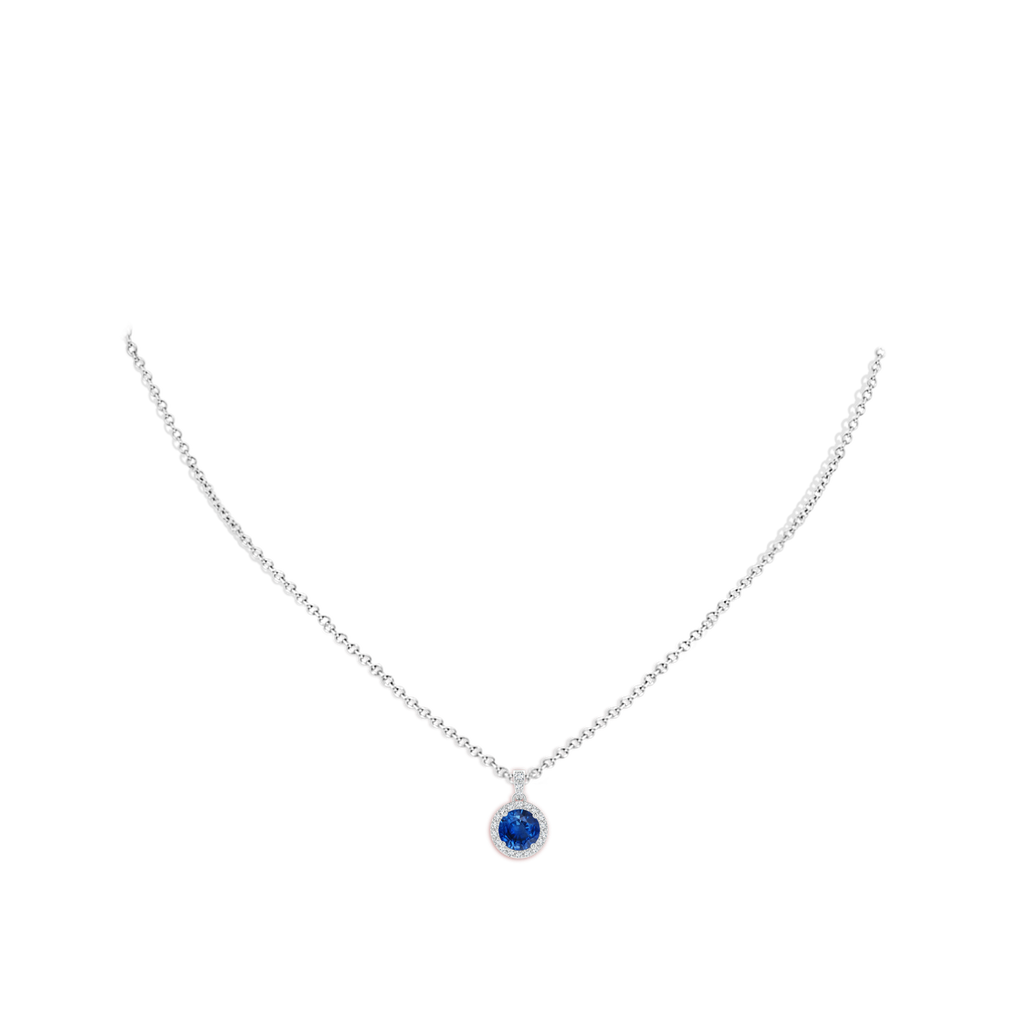 6mm AAA Round Sapphire Dangle Pendant with Diamond Halo in White Gold pen
