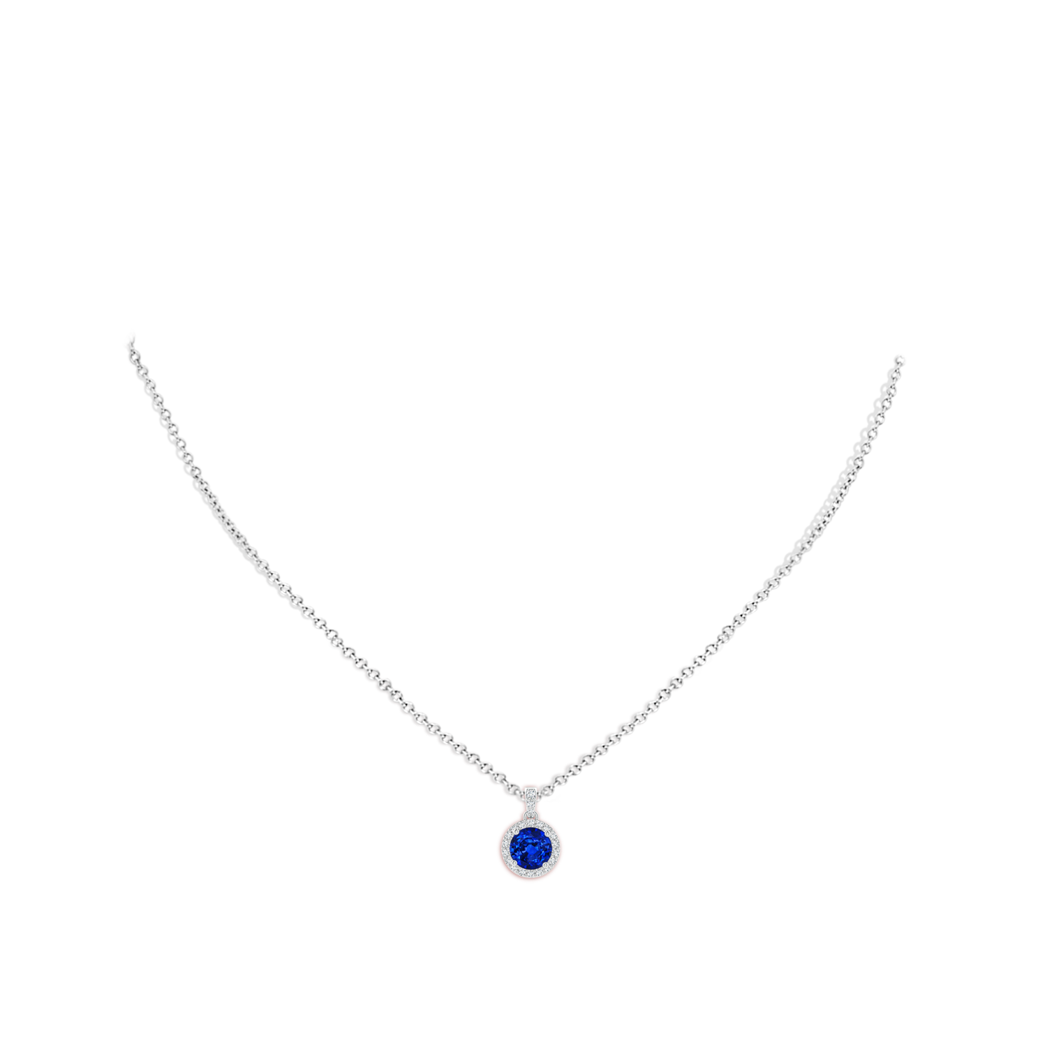 6mm AAAA Round Sapphire Dangle Pendant with Diamond Halo in White Gold - body_neck