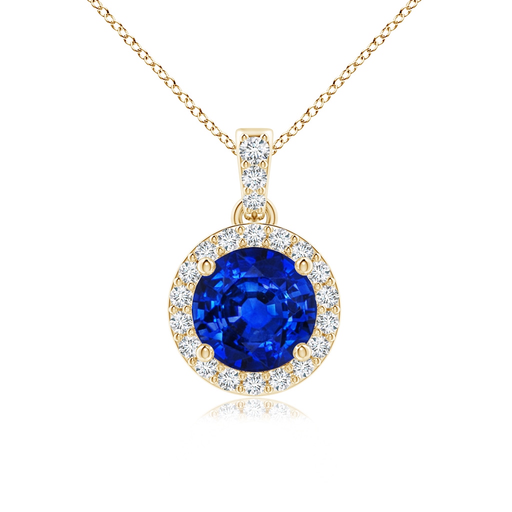 6mm Lab-Grown Round Sapphire Dangle Pendant with Diamond Halo in Yellow Gold