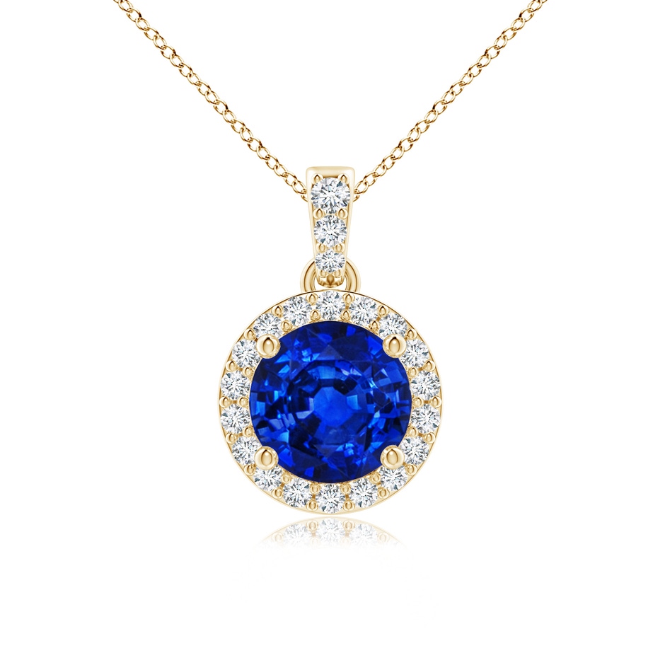 6mm AAAA Round Sapphire Dangle Pendant with Diamond Halo in Yellow Gold 