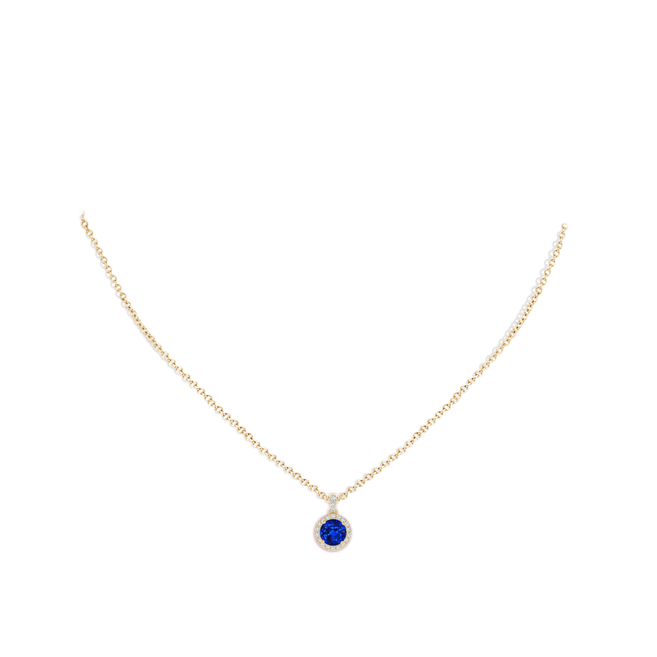 6mm AAAA Round Sapphire Dangle Pendant with Diamond Halo in Yellow Gold pen