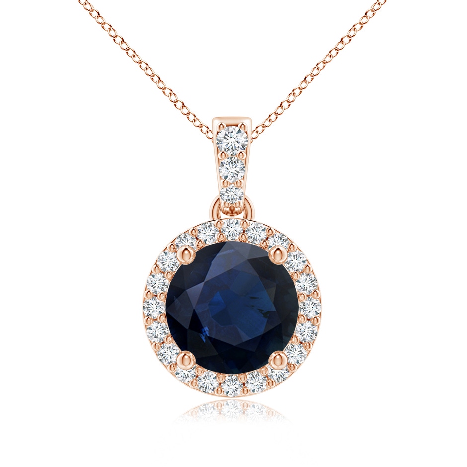 7mm A Round Sapphire Dangle Pendant with Diamond Halo in Rose Gold 