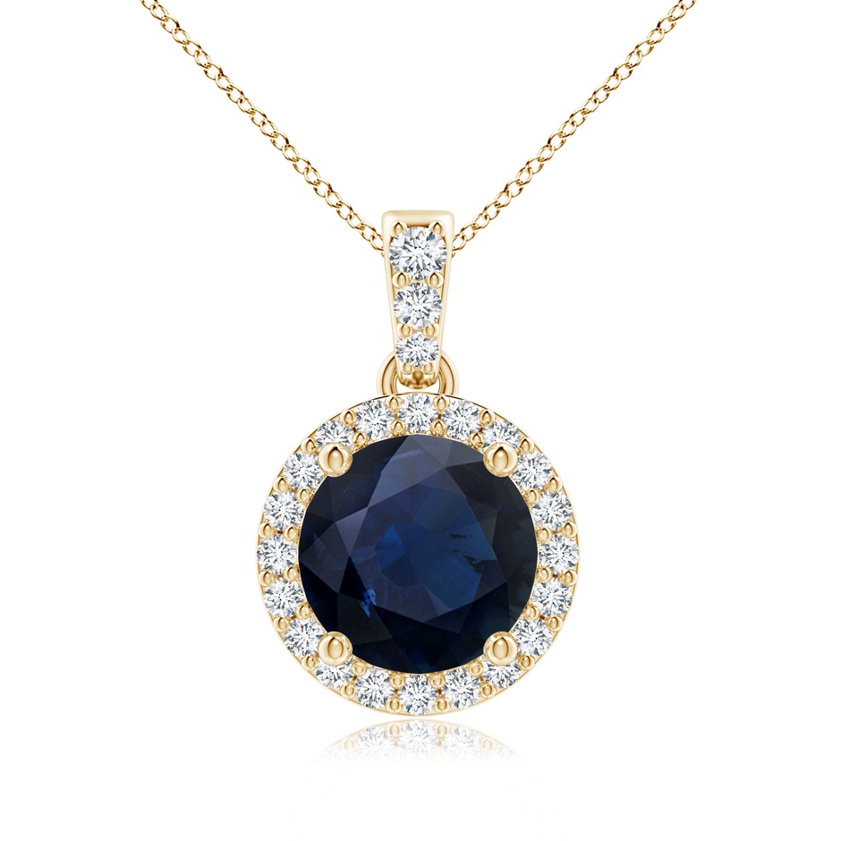 7mm A Round Sapphire Dangle Pendant with Diamond Halo in Yellow Gold 
